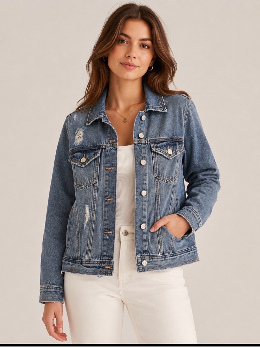 Celebrity Pink Medium Blue Distressed Denim Jacket